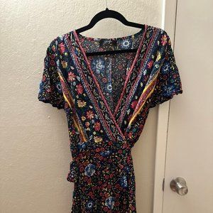 ZESICA navy floral short wrap dress